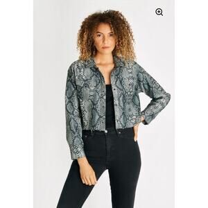 NWT Etica Denim Drew Crop Jacket in Olive Snake Print Jean Raw Hem size Medium